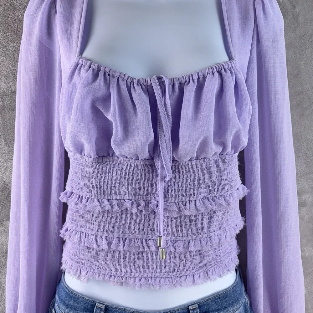 Free People Smocked Long Sleeve Top Womens Size XS Purple Peasant Boho‎ Sheer